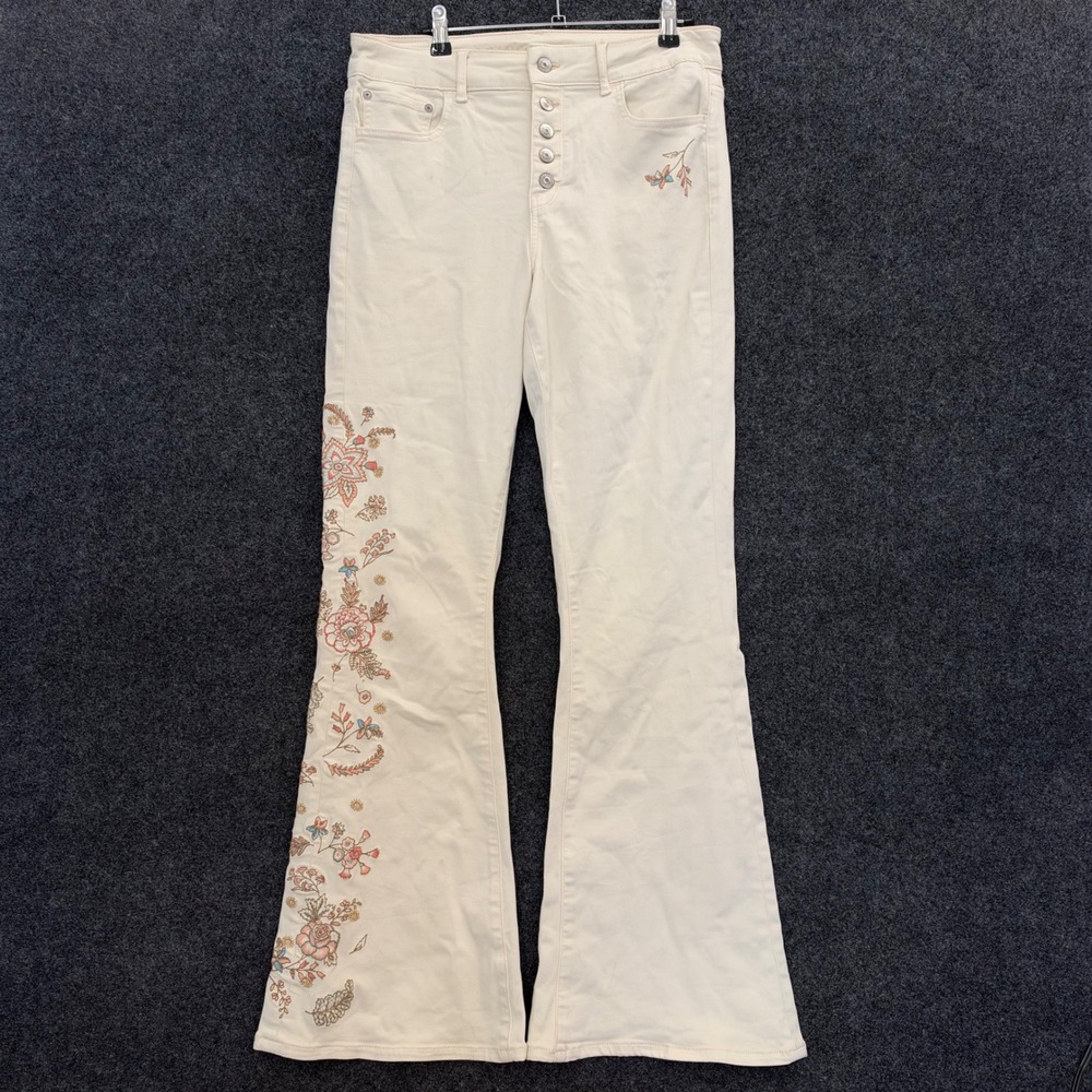 American Eagle Floral Embroidered Flare Jeans Cream High Rise Button Fly Y2K 10